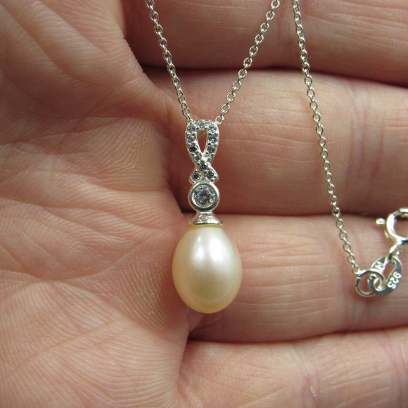 18" Sterling Silver Large Real Pearl & CZ Necklace - Picture 2 of 6